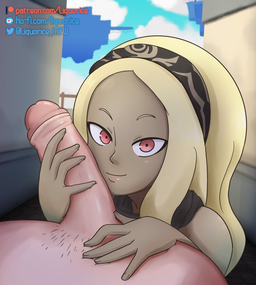 1boy 1girls big_penis blonde blonde_hair clothed_female_nude_male dark-skinned_female exhibitionism female gravity_rush gravity_rush_2 handjob interracial kat_(gravity_rush) light-skinned_male light_skin liquorice looking_at_viewer male male_pov penis penis_on_cheek pov red_eyes smile straight unseen_male_face