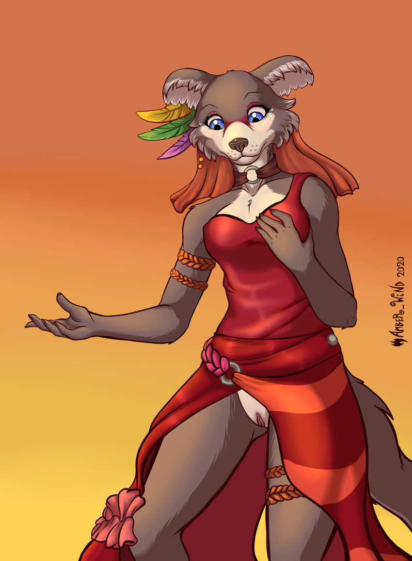 2020 amber_wind anthro beastars blue_eyes bracelet breast_grab breasts brown_body brown_fur canid canine canis cheek_tuft clothed clothing collar dancing digital_media_(artwork) dress facial_tuft feathers female fluffy_ears fur furry furry_only genitals hand_on_breast hi_res jewelry juno_(beastars) makeup mammal nipple_outline portrait pussy red_clothing red_dress simple_background solo standing tail three-quarter_portrait tuft wolf