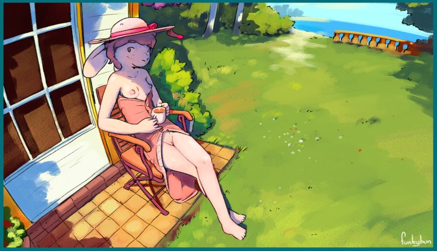 blue_border border bottomless breasts building clothed clothing funkybun furry genitals hi_res house lagomorph leporid mammal nipples outside pussy rabbit sea sun sunning topless water