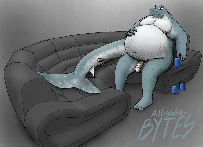 alligatorbytes anthro belly beverage fin fish flaccid furniture genitals male male_only marine overweight overweight_male penis scalie shark sofa solo