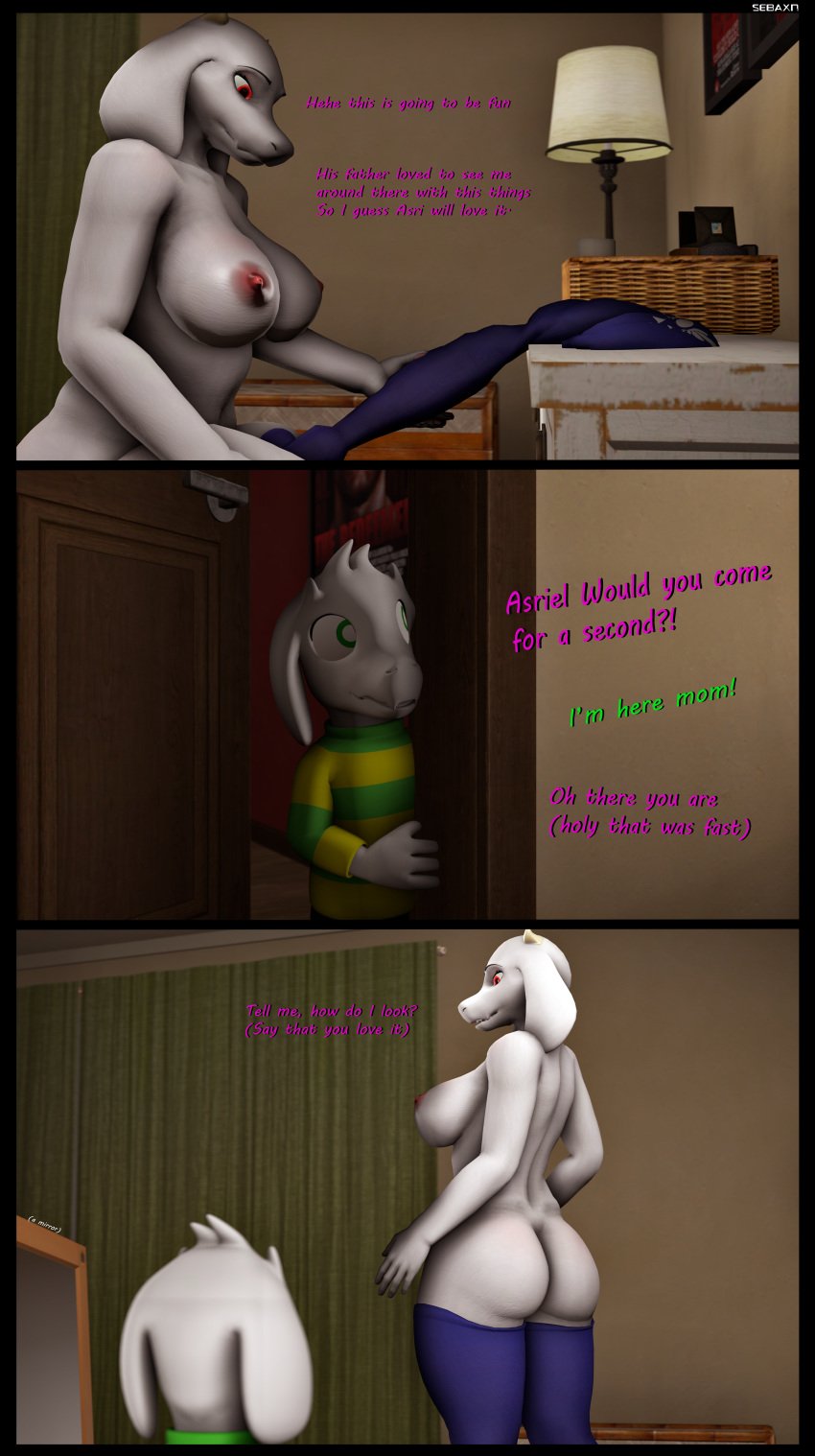 3d absurd_res anthro asriel_dreemurr ass big_breasts big_butt boss_monster bovid breasts caprine comic curvy_figure duo english_text female fur goat hi_res horn incest long_ears male mammal mature_female mother mother_and_child mother_and_son nipples nude parent parent_and_child sebaxn smile son source_filmmaker straight text thick_thighs toriel undertale video_games voluptuous white_body white_fur wide_hips young