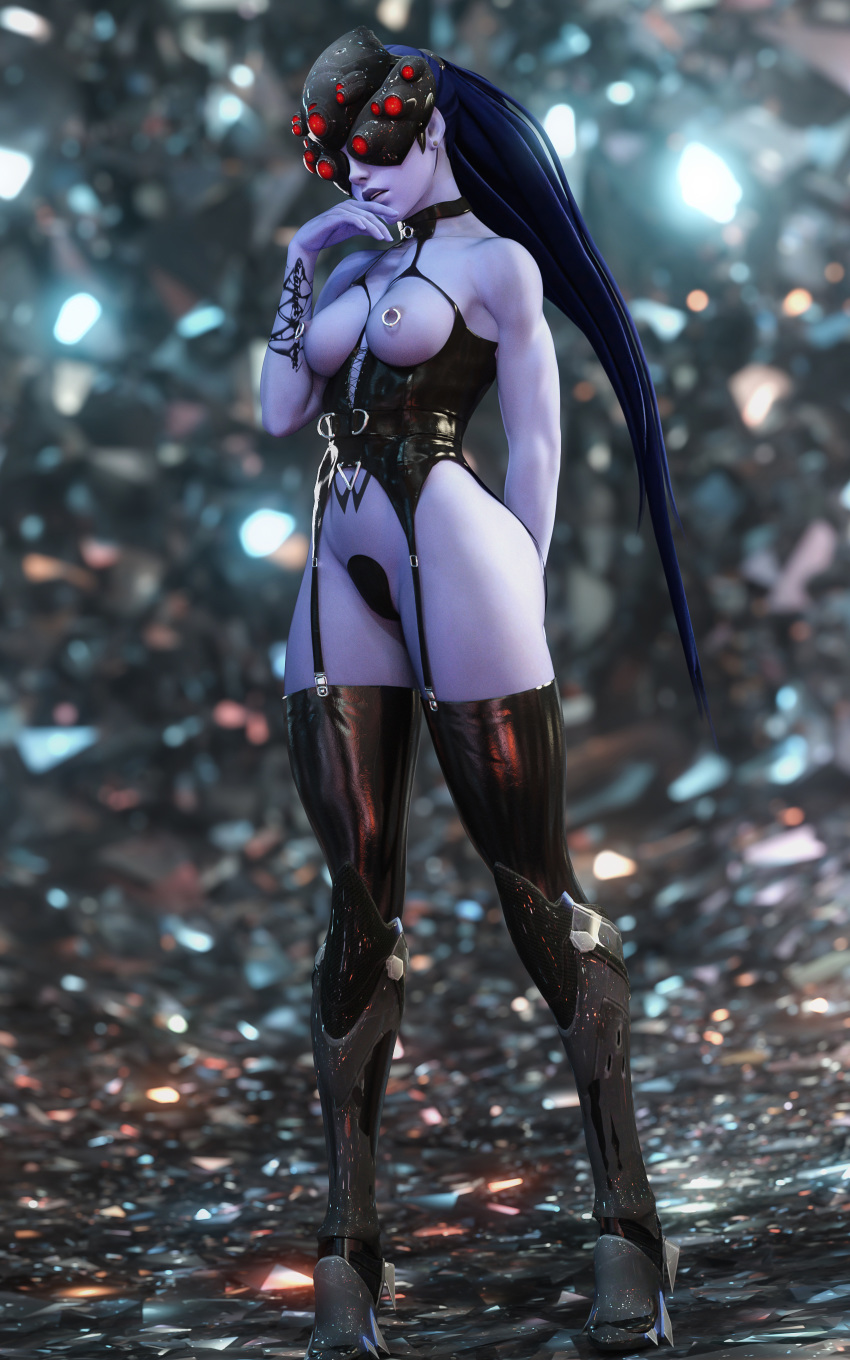 1girls 3d alternate_costume amelie_lacroix ass big_ass blizzard_entertainment boots breasts c-string corset daz_studio female female_only garter_straps hand_on_chin latex nipple_piercing noahgraphicz overwatch piercing solo tattoo thick_thighs wide_hips widowmaker