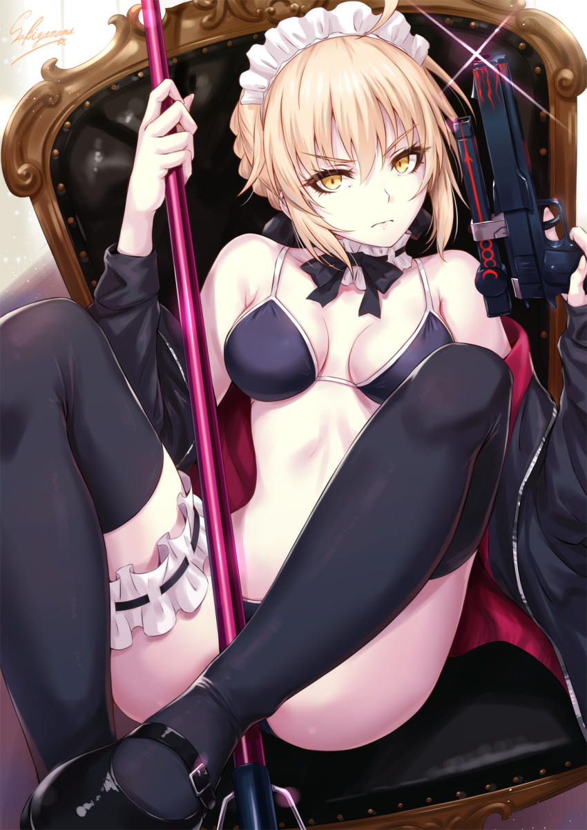 1girls ahoge apron artoria_pendragon artoria_pendragon_(alter) artoria_pendragon_(swimsuit_rider_alter) bangs bikini black_bikini black_footwear black_jacket black_legwear blonde_hair braid breasts broom chair detached_collar expressionless eyebrows_visible_through_hair fate/grand_order fate/stay_night fate_(series) female female_only frills gun handgun highres holding holding_broom holding_gun holding_weapon jacket leg_garter looking_at_viewer maid_bikini maid_headdress mary_janes medium_breasts navel open_clothes pistol ribbon sakiyamama shoes short_hair sitting solo swimsuit thighhighs tsurime v-shaped_eyebrows weapon yellow_eyes