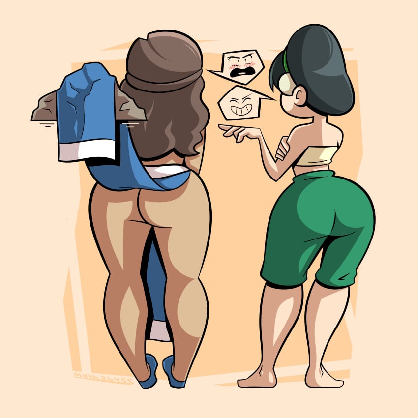 2020 2girls ass assisted_exposure avatar_the_last_airbender barefoot big_ass brown_hair chocolate_and_vanilla clothing dark-skinned_female dark_skin earthbending embarrassed emoji enf from_behind hipless hourglass_figure katara multiple_girls mythabyss nickelodeon no_panties pelvic_curtain prank rear_view shortstack toph_bei_fong wide_hips