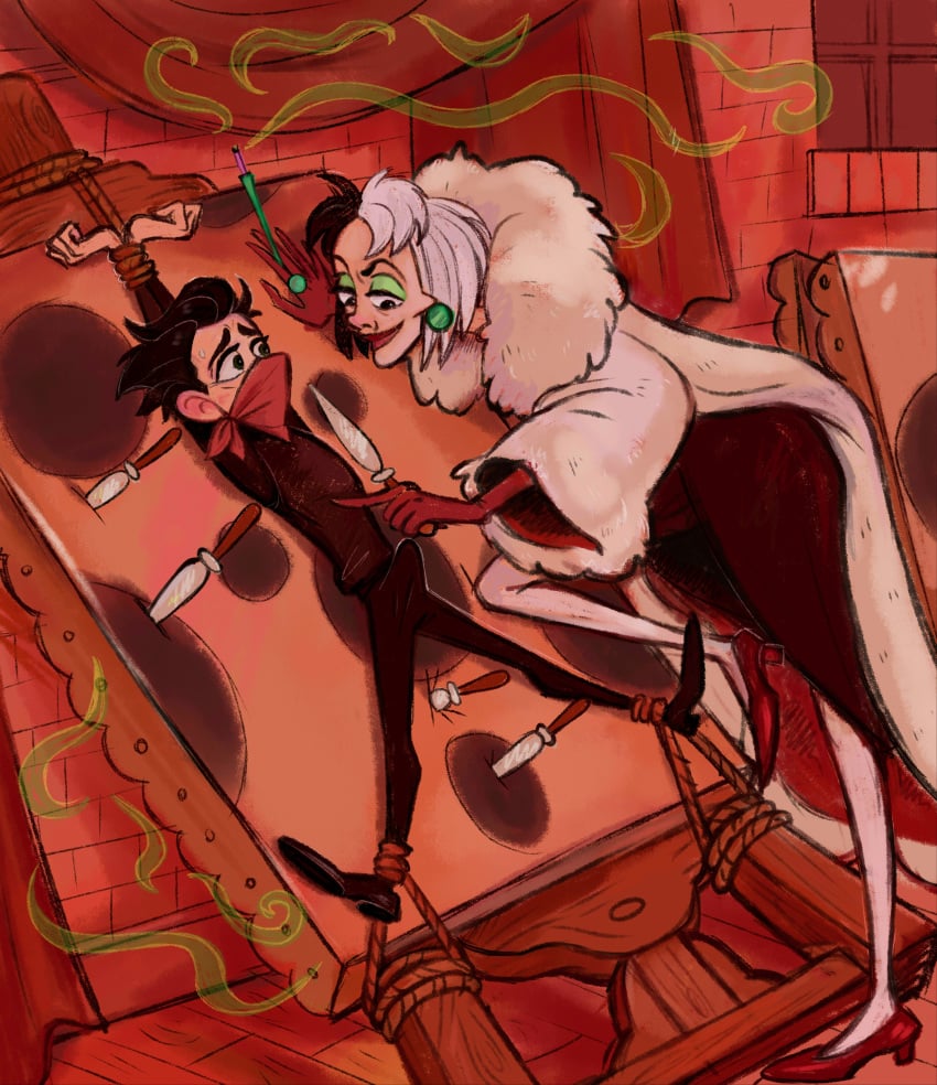 101_dalmatians bondage cantando_pollas cruella_de_vil disney disney_villains erection_under_clothes female femdom jasper_badun lars_lars male malesub straight