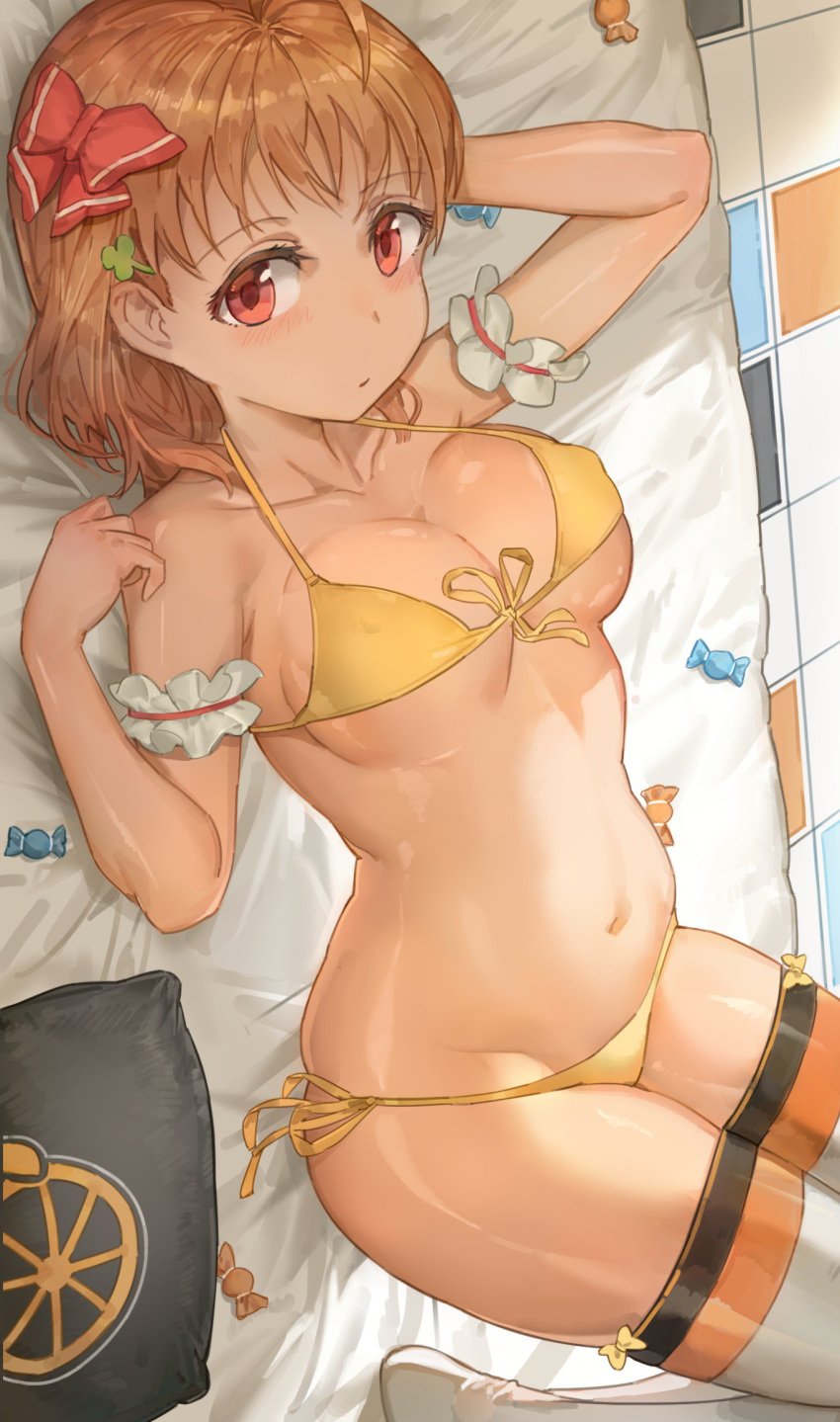 1girl 1girls ahoge arm_up armband bare_arms bare_shoulders bikini blush bow breast_squish breasts brown_hair candy cleavage clover_hair_ornament collarbone erect_nipples female female_only food front-tie_bikini front-tie_top hair_ornament hairbow hairpin hand_up highres knees_up looking_at_viewer love_live! love_live!_sunshine!! lying medium_breasts navel on_back on_bed pillow red_bow red_eyes short_hair side-tie_bikini solo stomach swimsuit takami_chika thighhighs white_legwear yellow_bikini yohan1754