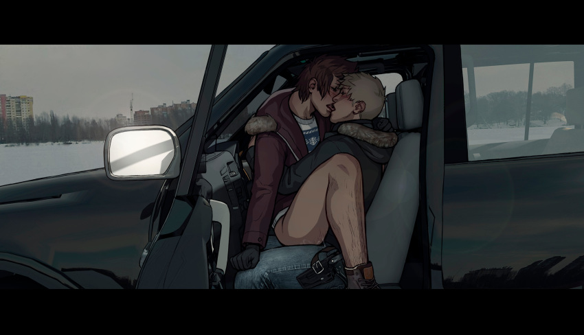 blonde_hair blush bottomless car clothed_sex eijirou_kirishima gay katsuki_bakugou kissing my_hero_academia myxomatonen open_door outdoors photo_background red_hair sex_in_car sitting snow winter winter_clothes yaoi