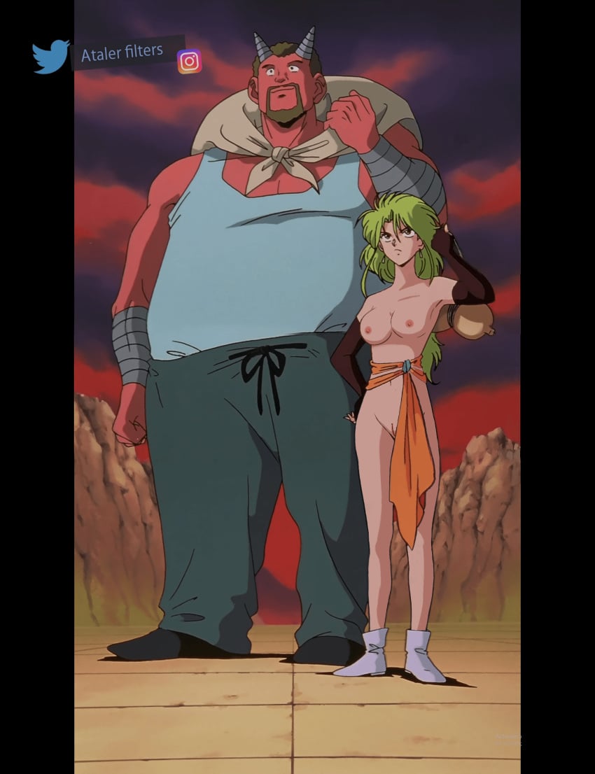 1girls breasts drunk edit enf enki_(yu_yu_hakusho) female green_hair husband_and_wife kokou long_hair male nipples nude nude_female pussy screencap shounen_jump vagina yu_yu_hakusho