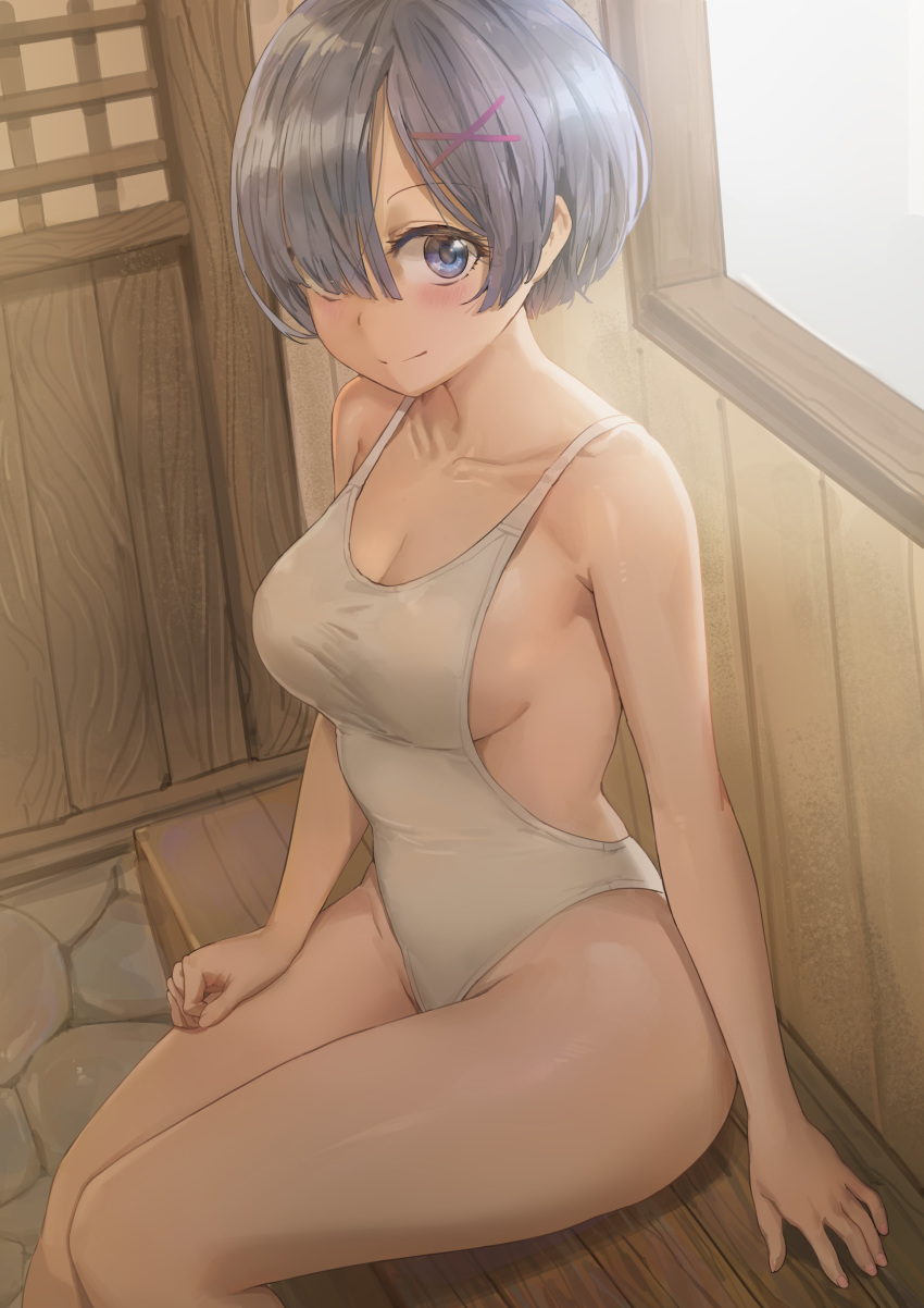 1girl 1girls absurdres bare_shoulders blue_eyes blue_hair breasts cleavage closed_mouth collarbone female female_only hair_ornament hair_over_one_eye highres looking_at_viewer medium_breasts one-piece_swimsuit re:zero_kara_hajimeru_isekai_seikatsu rem_(re:zero) short_hair sideboob sitting smile solo swimsuit white_swimsuit wide_hips x_hair_ornament yohan1754