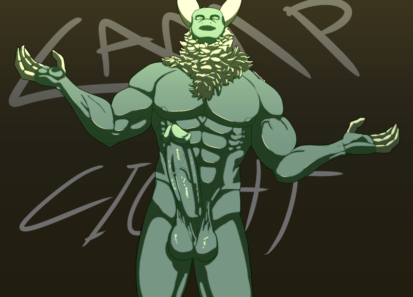 abs anthro arthropod balls biceps big_balls big_penis digital_media_(artwork) fur genitals green_body green_fur hi_res huge_cock insects lepidopteran looking_up male male_only moth neck_tuft nipples nude pecs penis simple_background smile solo tuft vein veiny_penis xdarkspace