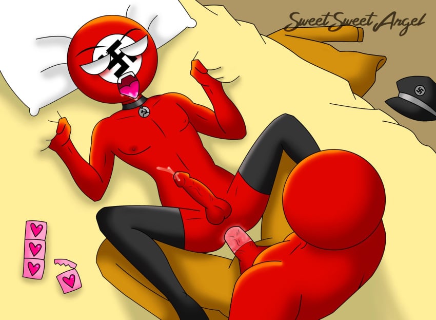 anal anal_insertion anal_sex bed bed_sheet collar condom countryhumans cum erection fangs gay naked nazi_germany_(countryhumans) no_irises open_mouth pants pillow pink_condom red_body red_skin soviet_union_(countryhumans) stockings swastika third_reich_(countryhumans) white_skin