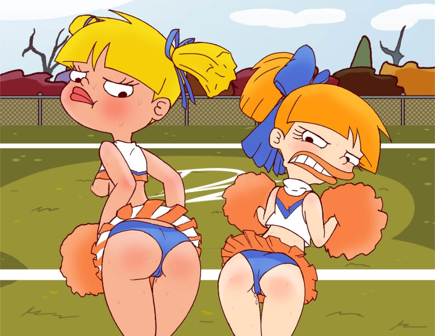 2girls angry ass big_lips blush butt cartoon_network cheerleader dzyer ed_edd_n_eddy embarrassed exposed_breasts female female_only fencing football_field hair_accessory hair_ribbon hairbow looking_back nazz_van_bartonschmeer orange_hair panties partially_clothed pom_poms ponytail presenting_hindquarters rear_view red_hair sarah_(ed_edd_n_eddy) short_skirt short_top sweat thigh_gap trees turtleneck twintails upskirt yellow_hair