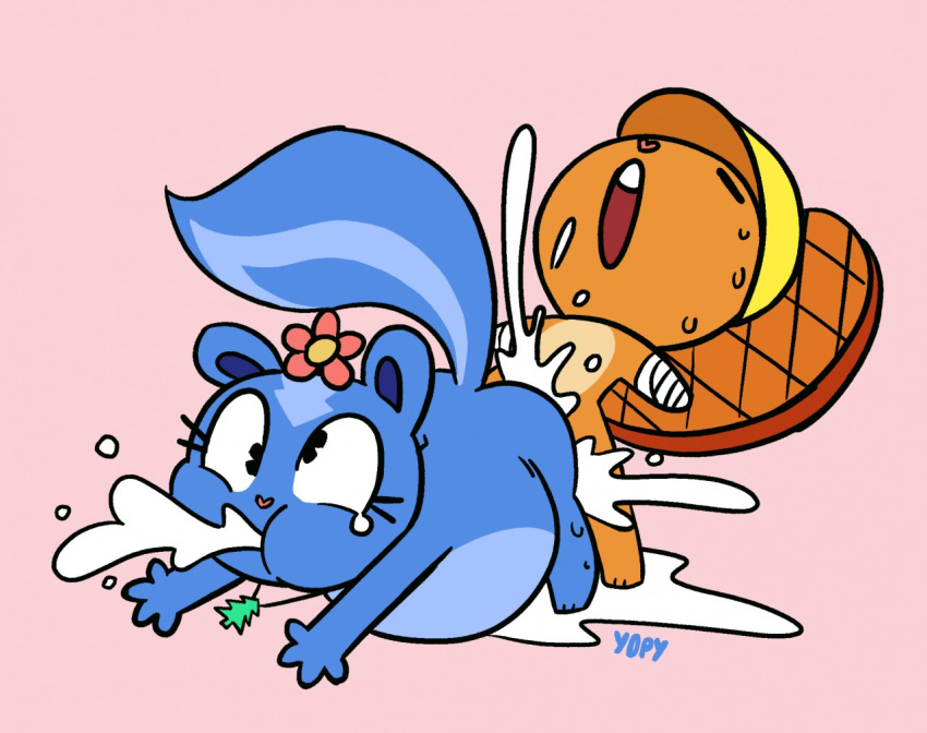 ahe_gao anthro beaver big_belly blue_fur bodily_fluids brown_fur crying cum cum_all_the_way_through cum_from_mouth cum_inflated_belly cum_inflation cum_inside cum_out_mouth cum_overflow cum_through cumflated_belly cumflation cute excessive_cum flower furry handy handy_(htf) happy_tree_friends hyper inflation necklace orange_fur petunia petunia_(htf) semen sex skunk straight sweat tagme tree what yopy