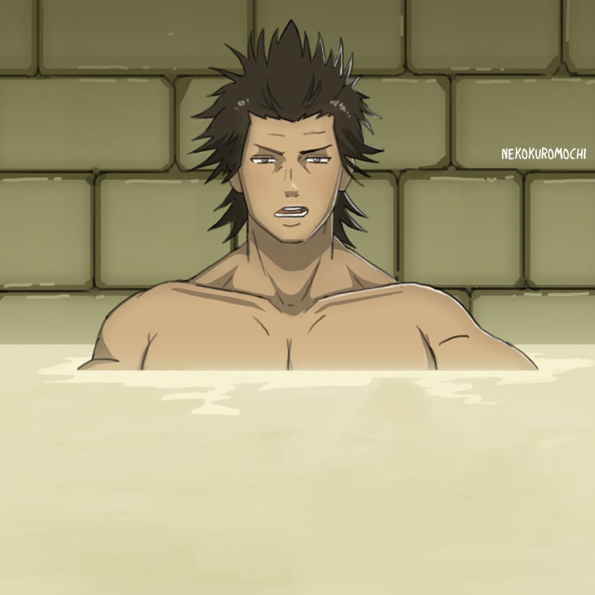 1boy bara black_clover black_hair completely_nude gay male male_only naked nekokuromochi nude open_mouth solo spiked_hair uncensored upper_body water yami_sukehiro yaoi