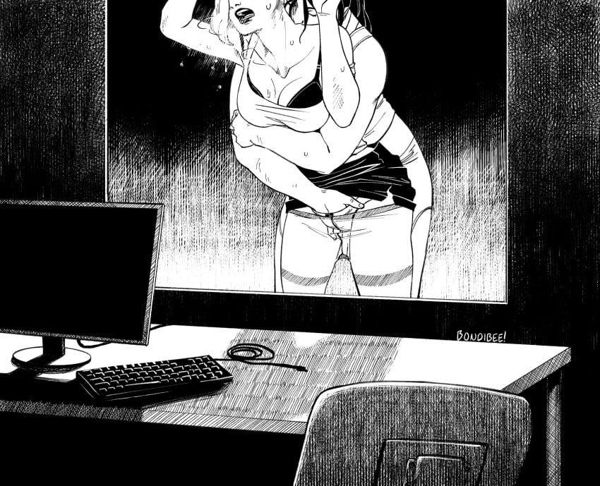 2girls against_glass against_window bondibee cleavage clothed fingering groping inktober keyboard multiple_girls office office_chair office_lady standing taken_from_behind yuri