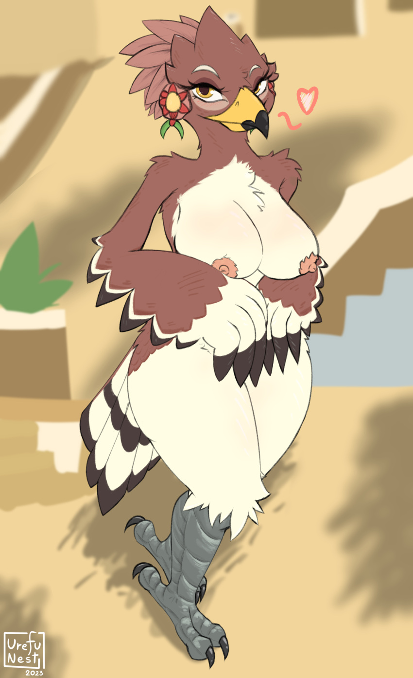 2023 absurd_res anthro avian beak biped bird blush breasts breath_of_the_wild day feathers female frita_(tloz) hair hi_res holding_breast large_breasts looking_at_viewer nintendo nipples non-mammal_breasts rito smile solo the_legend_of_zelda urefunest wings