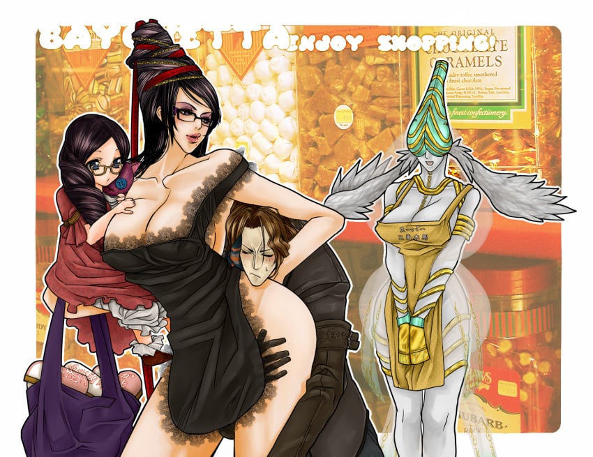 1boy 3girls angel apron bag bayonetta bayonetta_(character) beauty_mark big_breasts black_hair blue_eyes blush breasts brown_hair cereza chains cleavage dress eyeshadow female glasses hair hair_bun highres human invasion_(pixiv612043) joy_(bayonetta) lace large_breasts lips long_hair luka luka_redgrave mole monster_girl multiple_girls naked_apron red_ribbon ribbon sega sideboob thick_lips tied_hair twintails very_long_hair witch