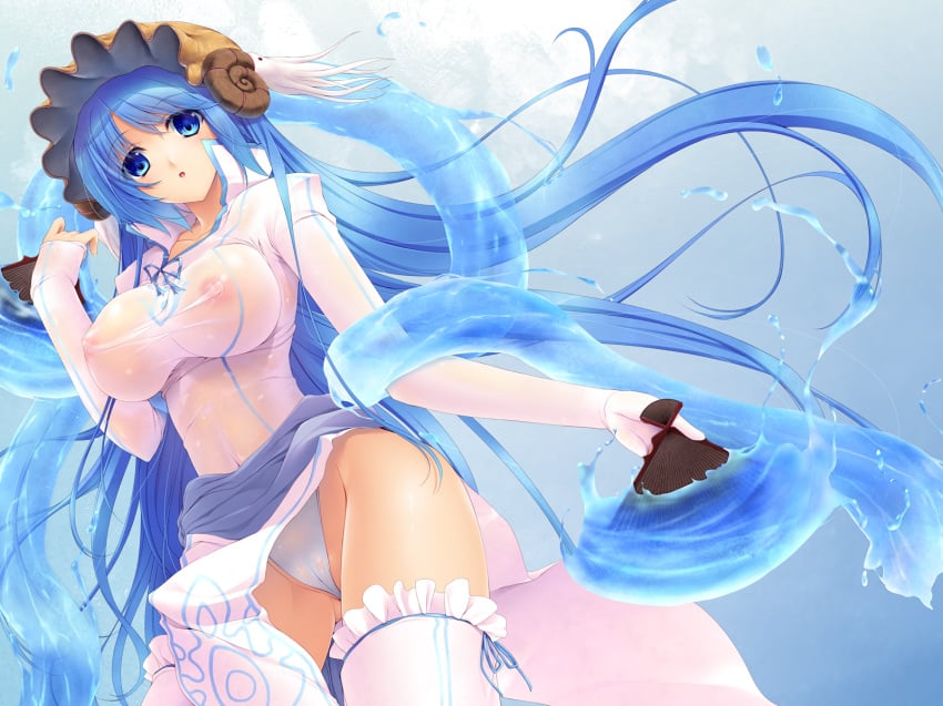 areola blue_hair breasts cameltoe clothing fan hat highres horns hydromancy impossible_clothes impossible_clothing impossible_shirt large_breasts long_hair luminous_arc luminous_arc_2 lunaluna_(luminous_arc) nakano_sora nautilus_(animal) nipples panties sash seashell see-through see-through_clothing shell shirt stockings thighhighs underwear very_long_hair