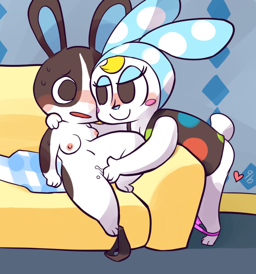 animal_crossing blush breasts clothing cubeychou dotty_(animal_crossing) eyelashes female fingering francine_(animal_crossing) heart lagomorph mammal nintendo nipples nude panties pussy_juice rabbit sex shirt underwear video_games yuri