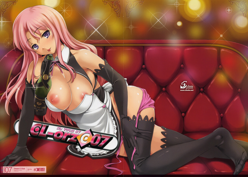 1girls black_legwear black_thighhighs blush bottle breasts cle_masahiro cleavage couch doujin_cover doujinshi dream_c_club elbow_gloves female gloves highres huge_breasts japanese_text large_breasts lying nipples on_side page_7 panties pink_hair pink_panties purple_eyes rui_(dream_c_club) side-tie_panties solo thighhighs tongue underwear untied wardrobe_malfunction