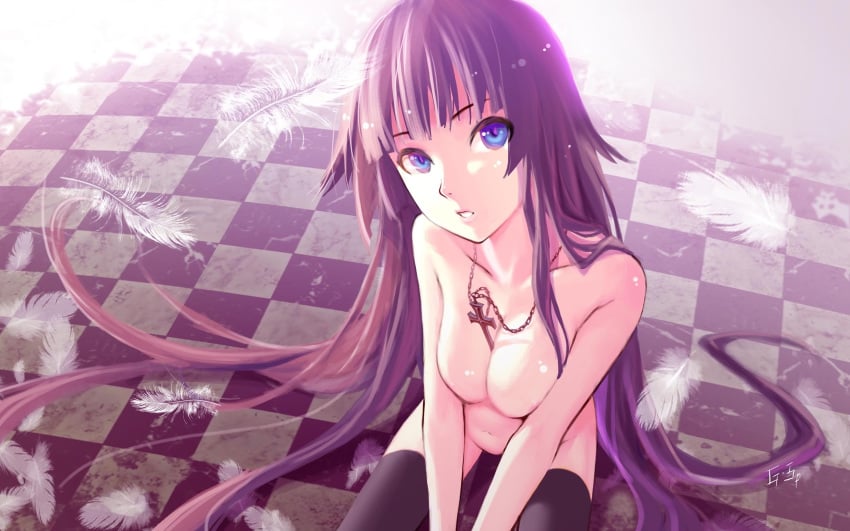 1girls as109 bakemonogatari between_breasts black_legwear blue_eyes breast_squeeze breasts checkered checkered_floor cleavage cross feathers female highres jewelry long_hair looking_at_viewer monogatari_(series) naked_thighhighs necklace necklace_between_breasts nude parted_lips purple_hair senjougahara_hitagi sitting solo thighhighs