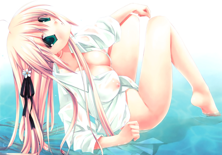 1girls aqua_eyes blonde_hair blush bottomless breasts cleavage erect_nipples feet female flower high_resolution huge_eyes koibito_doushi_de_suru_koto_zenbu koibito_doushide_suru_koto_zenbu koibito_doushite_suru_koto_zenbu long_hair lying miyasu_risa naked_shirt see-through sleeves_rolled_up solo sonoo_koo sonowo_coo water