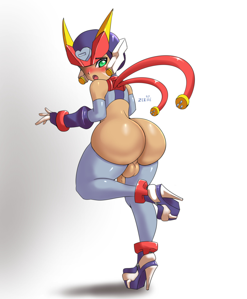 1boy androgynous ass balls big_ass blush bottomless capcom dark_skin embarrassed femboy girly gloves green_eyes grey_(mega_man_zx) grey_thighhighs high_heels high_resolution huge_ass large_ass male male_only mega_man mega_man_zx mega_man_zx_advent partially_clothed penis small_penis solo thick_ass thick_thighs thigh_gap thighhighs thighs trap watermark white_background zeriie