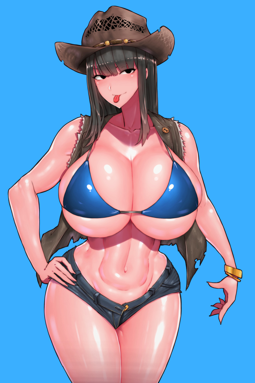 bikini_top brown_hair cleavage curvy female hat huge_breasts long_hair looking_at_viewer original original_character shorts skimpy_clothes thick_thighs tongue_out underboob wolffeld_price