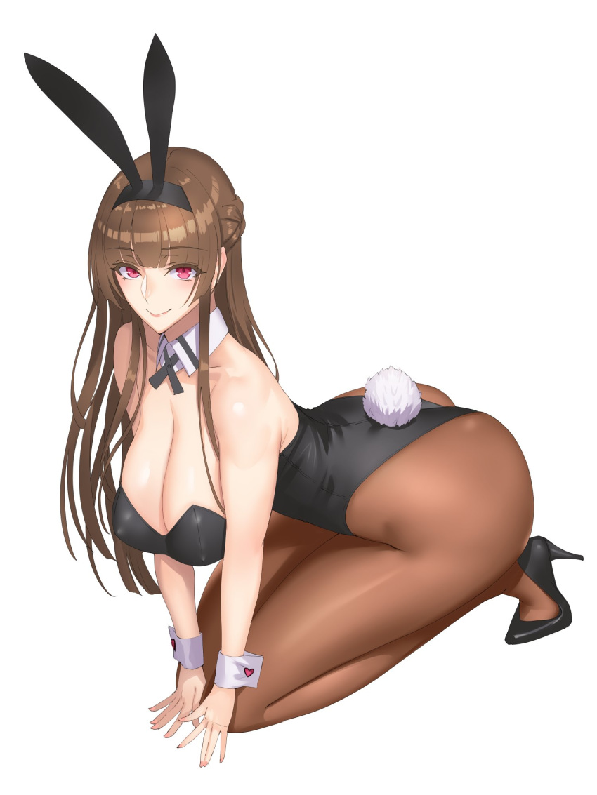 all_fours animal_ears bangs bare_shoulders blunt_bangs blush breasts brown_hair brown_legwear bunny_ears bunny_girl bunny_tail bunnysuit cleavage damegane detached_collar fake_animal_ears female high_heels high_resolution large_breasts leotard long_hair looking_at_viewer original pantyhose red_eyes sakura_(damegane) shoes simple_background solo tail white_background wrist_cuffs