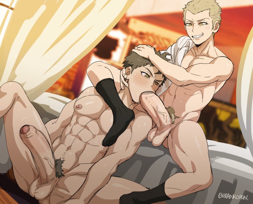 2boys abs bara bed bed_sheet bedroom big_penis blonde_hair blowjob brown_hair buranko! burankoprn danganronpa danganronpa_2:_goodbye_despair erection fellatio freckles fuyuhiko_kuzuryuu gay height_difference hinata_hajime japanese kuzuhina light_skin looking_at_penis male male/male male_only mole mole_under_mouth muscle muscles muscular muscular_male nipples oral partially_clothed pecs penis pubic_hair smile socks sucking testicles thighs vein veins veiny_penis yaoi