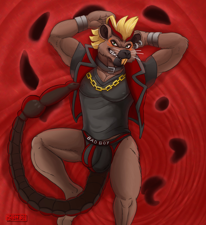 2020 absurd_res anthro batetemoda blonde_hair bracelet buckteeth bulge clothed clothing collar demon detailed_background digital_media dildo fur gold_chain green_eyes hair healin'_good_precure hi_res horn jewelry looking_at_viewer lying lying_on_ground male male_only mammal nutria_(rodent) on_back package pretty_cure red_horn rodent s-o-husky scorpion_tail sex_toy shirt sleeveless_jacket smile solo teeth topwear underwear