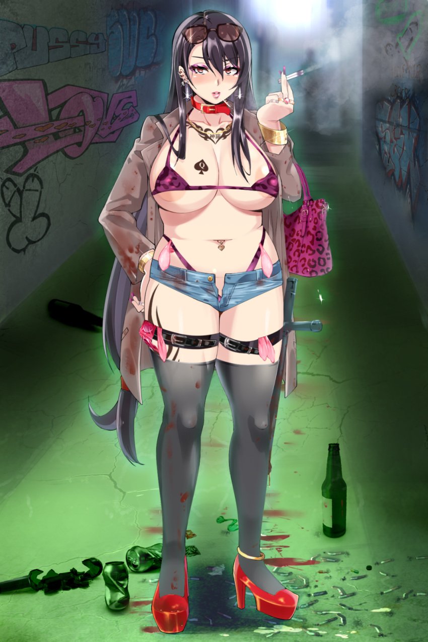 1girls belt big_breasts bikini bimbo bimbofication blood_rouge blush choker chubby cigarette collar condom condom_accessories condom_belt degradation dirty emotionless female female_only filled_condom final_fantasy final_fantasy_vii glasses graffiti handbag high_heels humiliating_tattoo hypnosis hypnotized indifferent jewelry large_breasts leopard_print looking_at_viewer makeup mind_break mind_control prostitution queen_of_spades red_high_heels short_jeans shorts smoking solo solo_female stockings string_bikini tattoo tifa_lockhart transformation trash underwear used_condom