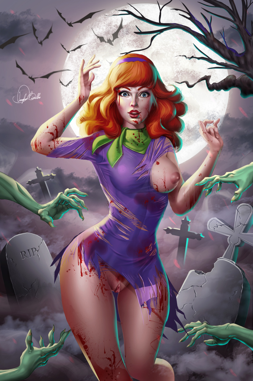 areolae blood blue_eyes daphne_blake douglas_bicalho freckles graveyard green_scarf one_breast_out pubic_hair purple_dress pussy red_hair red_pubic_hair scooby-doo signature tearing_clothes tearing_up text tombstone vagina zombie