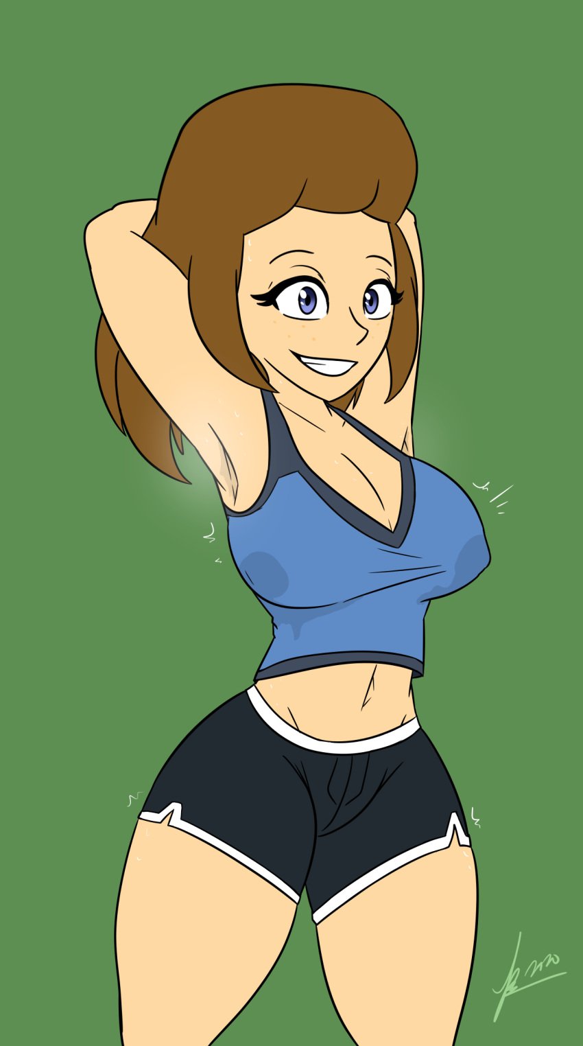 1girls abby_(wii_sports) armpits arms_behind_head bare_shoulders big_breasts blue_eyes breasts brown_hair cleavage curvy female female_only freckles green_background hands_behind_head highres huge_breasts joeyredpanda large_breasts light_skin midriff mii nintendo shorts shoulder_length_hair simple_background solo solo_female sports sportswear stretching sweat sweatdrop sweating sweaty tank_top teeth thick thick_thighs thighs wide_hips wii wii_sports