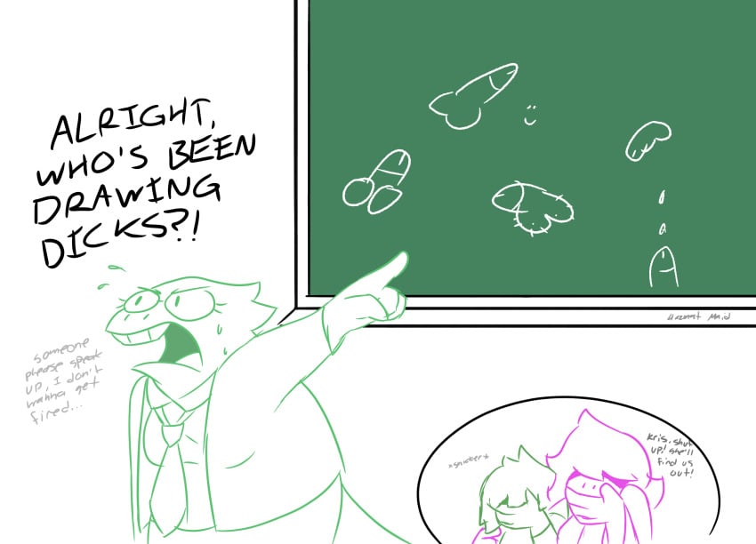 alphys angry anthro balls bodily_fluids breasts buckteeth chalkboard clothed clothing coat comedy covering covering_mouth deltarune dialogue drawing english_text eyewear female frown fully_clothed funny genitals gesture glasses hair hazmatmaid hi_res human humor kris_(deltarune) laugh mammal meme necktie non-mammal_breasts open_frown open_mouth penis penis_drawing pointing reptile scalie shirt susie_(deltarune) sweat sweatdrop teeth text thick_tail topwear undertale video_games vinesauce_reference yelling