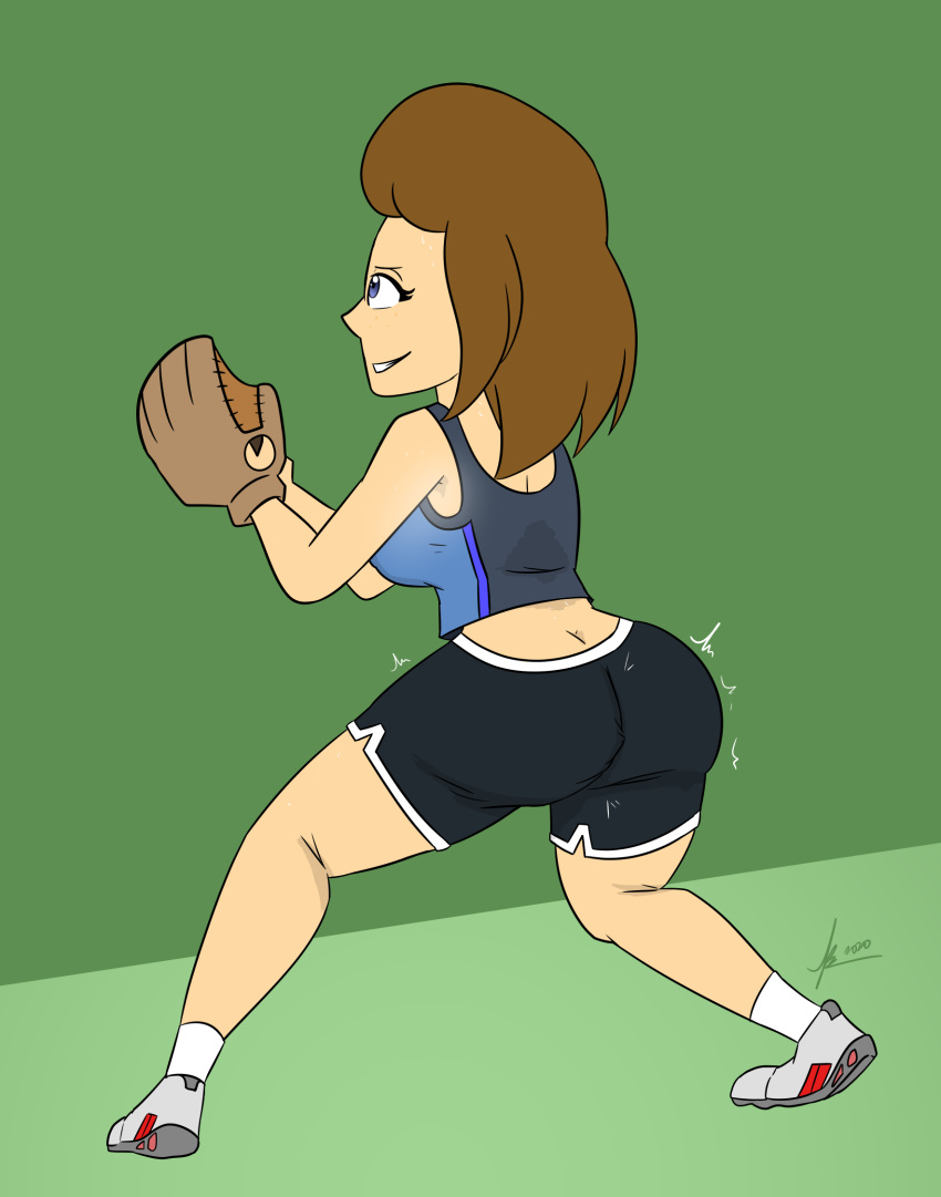 1girls abby_(wii_sports) ass back back_view backboob bare_shoulders baseball_glove big_ass big_butt blue_hair breasts brown_hair butt clothed clothing curvy dat_ass female female_only freckles green_background highres huge_ass huge_butt joeyredpanda large_ass light-skinned_female light_skin midriff mii nintendo shoes shorts shoulder_length_hair sideboob simple_background socks solo solo_female sports sports_shoes sportswear sweat sweatdrop sweating sweaty tank_top teeth thick thick_thighs thighs wide_hips wii wii_sports