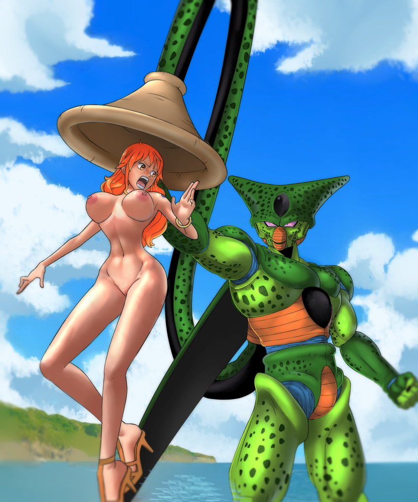 1boy 1girls big_breasts breasts cell_(dragon_ball) crossover dragon_ball dragon_ball_z female godvore imminent_vore imperfect_cell male nami nipples nude nude_female nudity one_piece orange_hair pussy scared vore