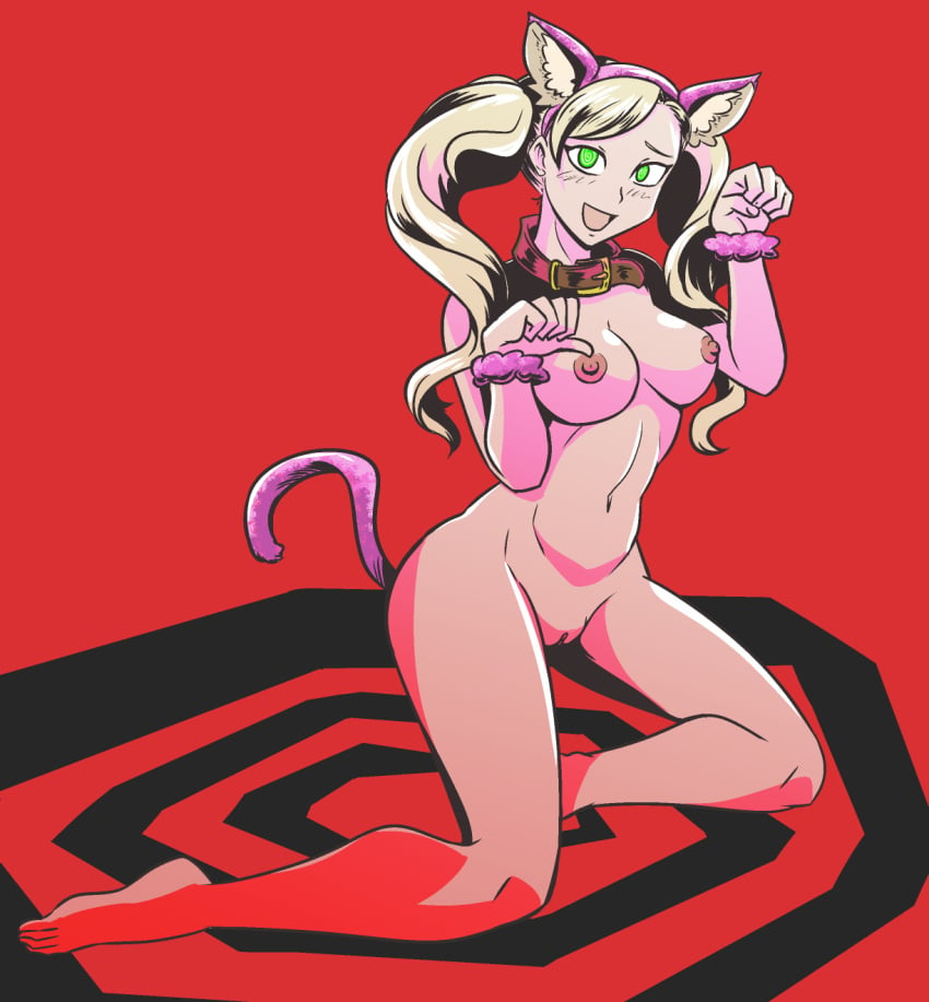 1girls animal_ears ann_takamaki atlus blonde_hair blush cat_ears cat_pose cat_tail collar hypnosis long_hair majinsfw mind_control nude open_mouth persona persona_5 solo tail twintails