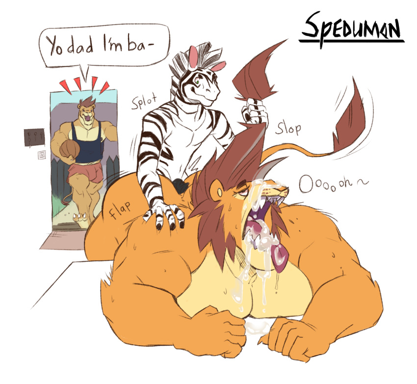 3boys age_difference ahe_gao anal anthro bodily_fluids caught cum cum_in_mouth cum_inside cum_on_face duo english_text equid equine father father_and_child father_and_son felid gay genital_fluids genitals group hi_res lion looking_pleasured male male/male male_only mammal muscular nude pantherine parent parent_and_child penis size_difference small_dom_big_sub small_on_top son spedumon submissive_male text white_background yaoi zebra