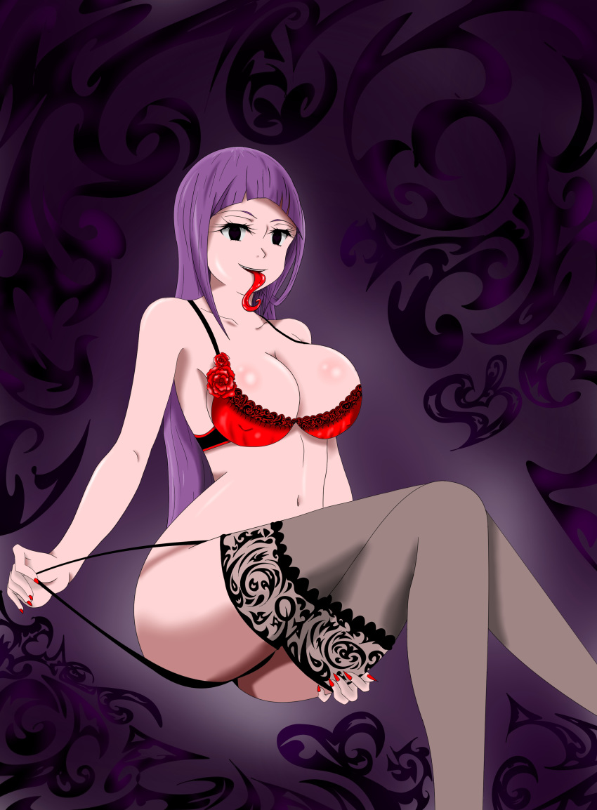 black_thong bra breasts collarbone demon demon_girl eyebrows female female_only flower_bra lingerie melascula nanatsu_no_taizai purple_eyebrows purple_hair red_bra red_lingerie red_nails thong thong_pull