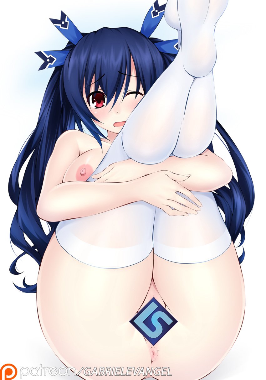 black_hair blush breasts censored eyebrows_visible_through_hair gabriel_grayford hair_ribbon highres looking_at_viewer neptunia_(series) nipples noire patreon_username red_eyes ribbon thighhighs twintails white_background white_legwear