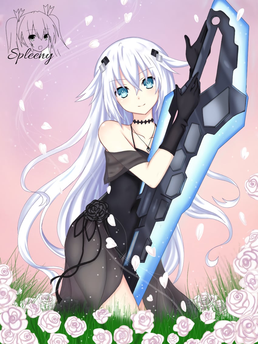 1girls absurdres bare_shoulders black_dress black_heart blue_eyes cowgirl_position dress female flower grass highres long_hair looking_at_viewer neptunia_(series) noire pink_flower pink_rose rose signature sitting smile solo sparkle spleeny sword symbol symbol-shaped_pupils weapon white_flower white_hair white_rose