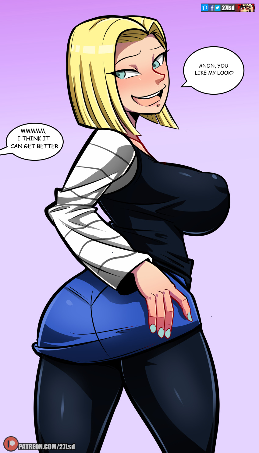1girls 27lsd android_18 big_breasts blonde_hair blue_eyes blue_nails blush breasts cameltoe cleavage clothing curvy dialogue dragon_ball erect_nipples female looking_back nipples nipples_visible_through_clothing open_mouth short_hair shounen_jump speech_bubble text thick_lips voluptuous white_skin