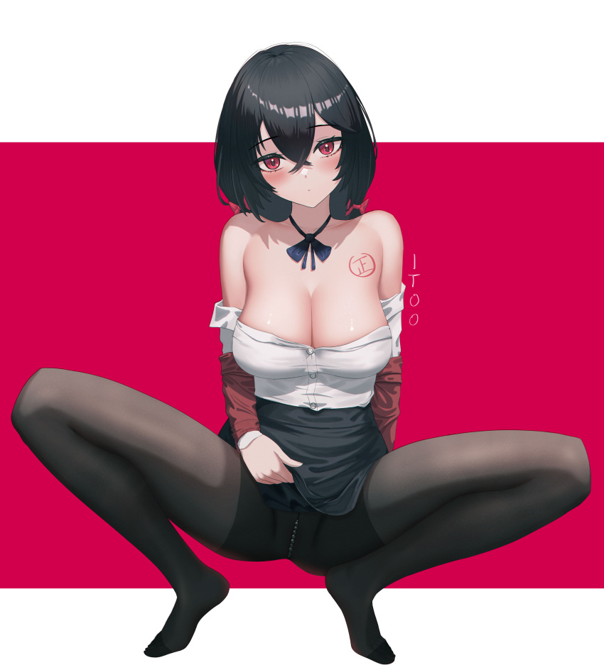 absurdres artist_name azur_lane black_hair black_pantyhose black_ribbon blush body_writing bow breasts cleavage closed_mouth clothes_lift clothes_pull collarbone female full_body hairbow highres large_breasts lifted_by_self long_hair long_sleeves looking_at_viewer neck_ribbon no_shoes off_shoulder pantyhose pearl_thong red_background red_bow red_eyes ribbon shirt shirt_pull skirt skirt_lift spread_legs taihou_(azur_lane) taihou_(sweet_time_after_school)_(azur_lane) too_(totoo) two-tone_background white_background white_shirt