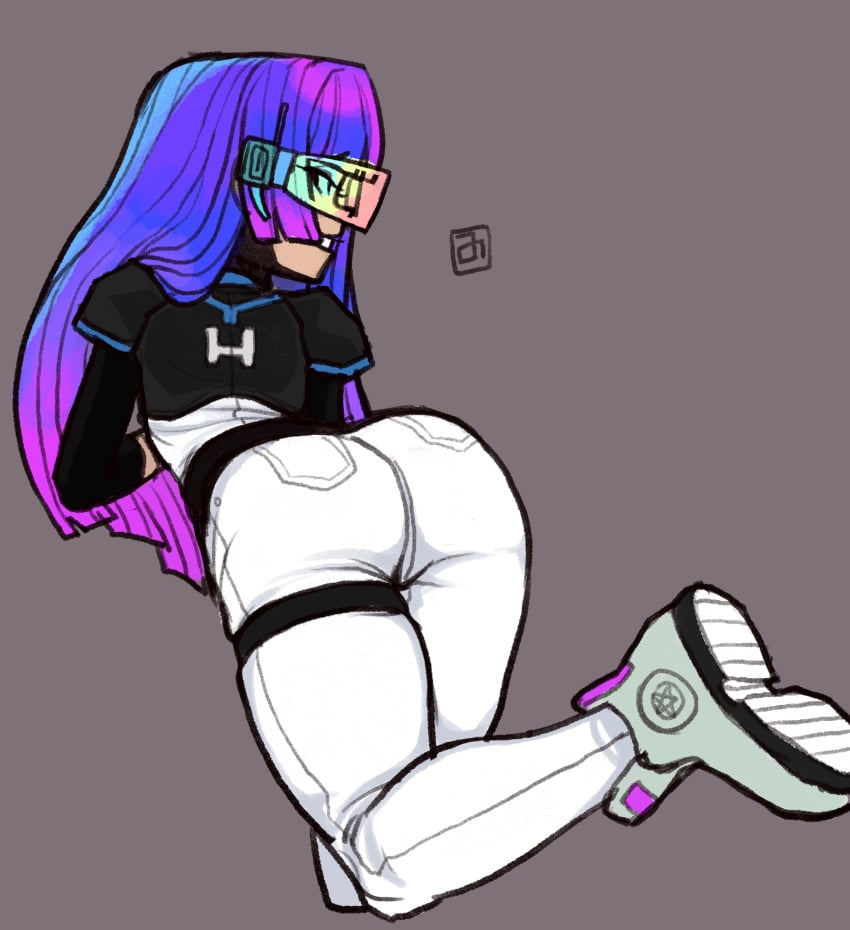 1girls 333minutes 3min ass bodysuit clothing eyewear female female_only glitch_techs miko_kubota purple_hair solo tagme tinted_eyewear two_tone_hair visor white_clothing