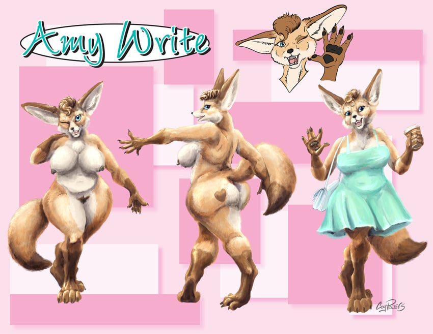 amy_write_(character) anthro beverage butt_heart canid canine coffee coypowers female fennec fox heart_on_butt looking_at_viewer mammal model_sheet obese obese_female overweight overweight_female pillarbox purse solo sundress