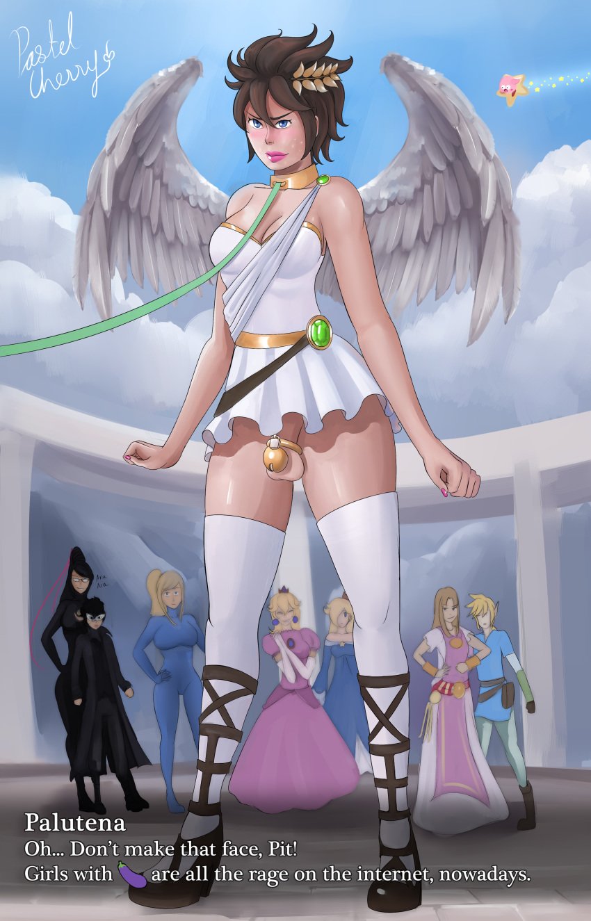 2020 2boys 5girls angel angel_wings annoyed ara_ara artist_name atlus balls balls_under_clothes bayonetta bayonetta_(character) black_bodysuit black_hair blonde blonde_hair blue_bodysuit blue_dress blue_eyes blue_sky bodysuit bottomless_skirt breasts brown_hair chastity chastity_cage chastity_device cleavage closed_eyes clothed clothing clouds collar crossdressing crossover crown curvy dialogue dress eggplant eggplant_emoji elbow_gloves english_text exhibitionism exposed_penis eyelashes eyes_closed feathered_wings feathers female femboy femdom feminization fingernails flaccid full_body funny gladiator_sandals gloves golden_chastity_cage group hair_ornament hair_over_eye hair_over_one_eye high_heels highres hylian joker_(persona) kid_icarus kirby kirby_(series) leash leash_and_collar legwear link lips lipstick long_hair looking_at_another looking_at_viewer male male_with_breasts mario_(series) medium_breasts megami_tensei metal_collar metroid miniskirt multiple_boys multiple_girls nail_polish nintendo no_panties no_underwear offscreen_character one_eye_covered open_mouth outdoors palutena partially_clothed pastelcherry penis penis_under_clothes penis_under_skirt persona persona_5 pink_dress pink_lipstick pink_nails pit_(kid_icarus) pointy_ears princess_peach princess_rosalina princess_zelda public public_exposure public_humiliation public_nudity ren_amamiya samus_aran shiny_skin short_hair signature sissification skirt small_penis smile smiling solo_focus standing stockings super_smash_bros. surprised testicles text the_legend_of_zelda thick_thighs thighhighs tongue trap trenchcoat video_game video_games white_dress white_gloves white_legwear white_skirt white_stockings white_thighhighs wide_hips wings witch zelda_(a_link_between_worlds) zero_suit zero_suit_samus