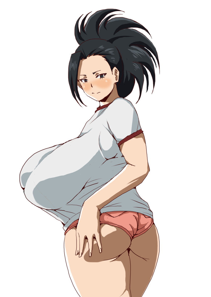 1girls alternate_breast_size alternate_outfit back_view big_ass black_hair blush embarrassed eye_contact female_only half-closed_eyes hand_on_ass huge_breasts inacap10 large_breasts looking_at_viewer looking_back momo_yaoyorozu my_hero_academia no_bra panties sacaprico sagging_breasts solo thick_thighs tight_clothing venus_body white_shirt wide_hips