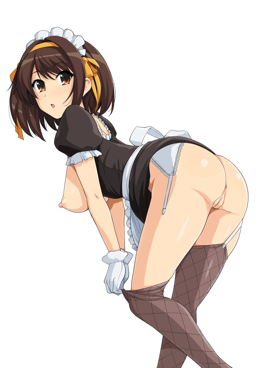 00s absurdres apron areolae bent_over breasts brown_eyes brown_hair collar contrapposto female female_focus garter_straps gloves hairband haruhisky highres large_breasts leaning_forward legs_up looking_at_viewer maid maid_apron maid_headdress nipples pussy ribbon short_hair suzumiya_haruhi suzumiya_haruhi_no_yuuutsu thighhighs_pull uncensored