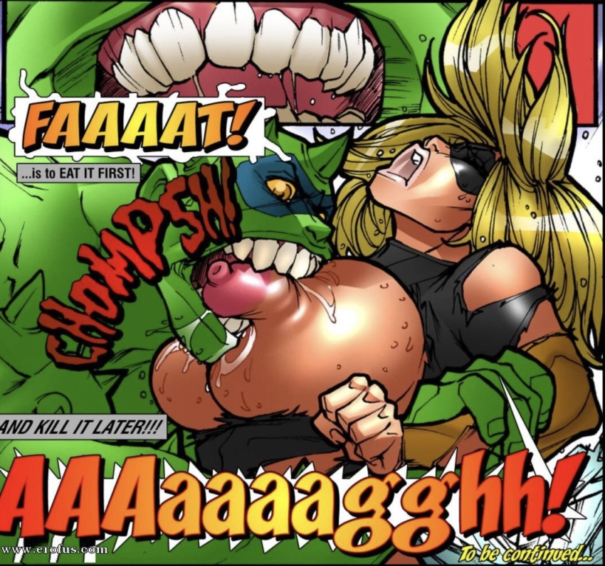 ass bite biting biting_breast blonde_hair breast_biting breast_sucking breast_torture breastfeeding breasts_sucking chewing chewing_breast comic green_skin huge_breasts large_ass large_penis mask monster monster_biting_breast monster_sucking_breast nipple_biting open_mouth oppai sharp_teeth sharp_teeth_on_breast sucking sucking_nipples superheroine thick_thighs